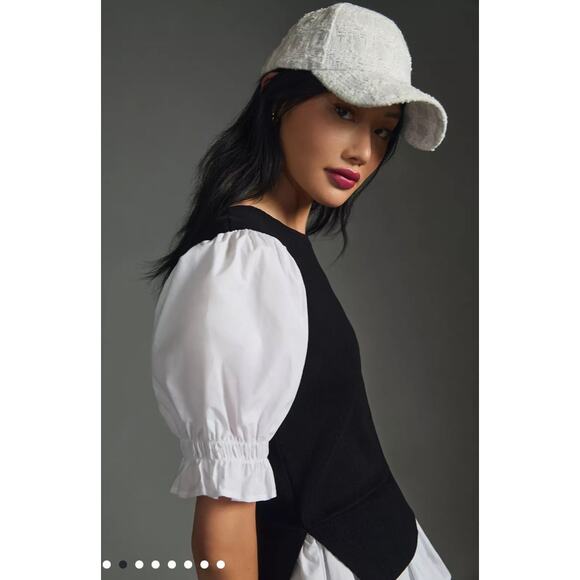 Anthropologie Layered Puff Sleeve Peplum Top XL Black White Preppy Chic - Picture 6 of 9